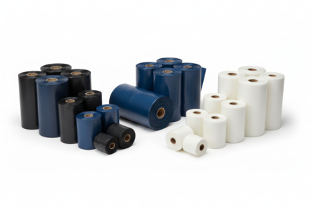 Rollen von Müllsäcken aus Kunststoff in verschiedenen Farben und Größen auf weißem Hintergrund