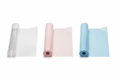 Antistatische Kunststofffolie in drei Farbvarianten: transparent, rosa und blau, jeweils aufgerollt und teilweise ausgerollt