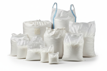 Verschiedene industrielle Beutel und Säcke aus Kunststoff in unterschiedlichen Größen auf weißem Hintergrund