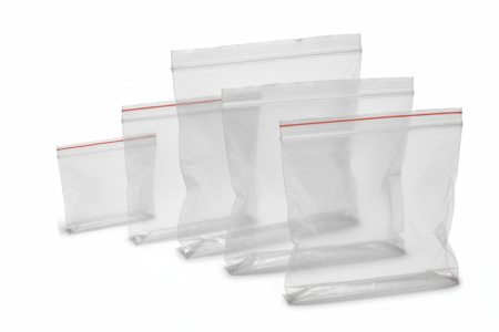 Transparente Druckverschlussbeutel in verschiedenen Größen, teilweise geöffnet, auf weißem Hintergrund