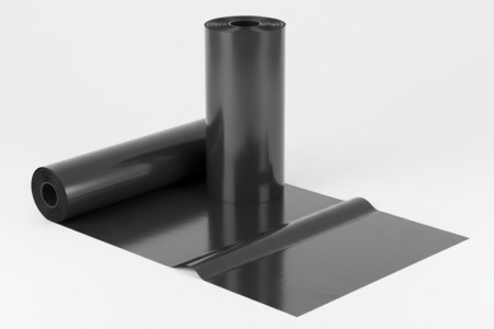 Elektrisch leitfähige Kunststofffolie in Rollenform, teilweise ausgerollt, auf weißem Hintergrund