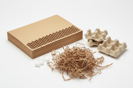 Verschiedene Füll- und Polstermaterialien aus Papier und Formteilen auf weißem Hintergrund