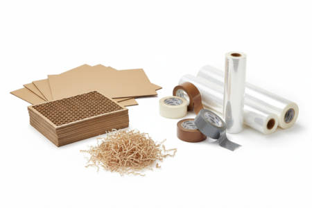 Hilfs- und Betriebsstoffe aus Papier, Karton, Folie und Klebeband auf weißem Hintergrund