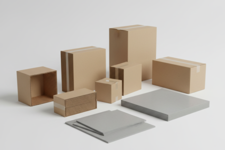 Verschiedene Karton- und Pappverpackungen aus Wellpappe und Graupappe in unterschiedlichen Formaten und Stärken