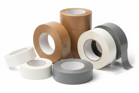 Mehrere Rollen technischer Klebebänder in unterschiedlichen Breiten und Farben auf weißem Hintergrund