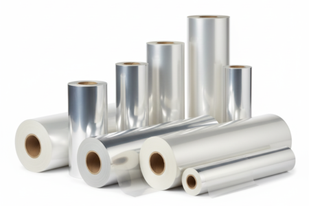 Mehrere Rollen transparenter Kunststofffolie in unterschiedlichen Breiten und Durchmessern auf weißem Hintergrund