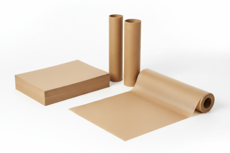 Packpapier in Bögen und Rollenform auf weißem Hintergrund