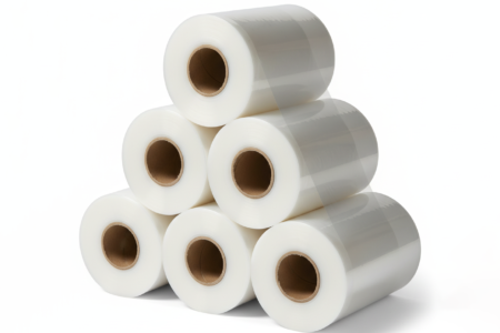 Mehrere Rollen transparenter Stretchfolie aus Kunststoff, pyramidenförmig gestapelt, auf weißem Hintergrund