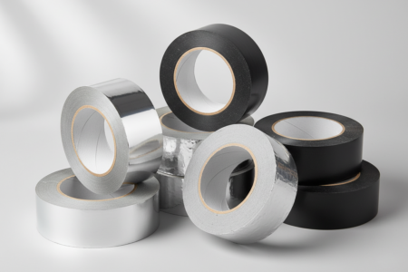 Rollen aus Aluminiumklebeband in verschiedenen Ausführungen – metallisiert, Reinaluminium und schwarzes Aluminiumklebeband