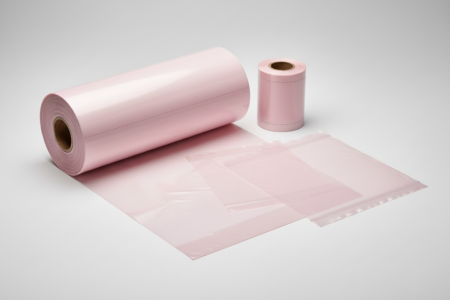 Rosa antistatische Beutel auf Rolle mit gut sichtbarer Perforation sowie abgerissenen einzelnen Beuteln in verschiedenen Größen auf hellem Hintergrund