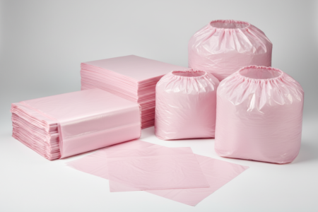 Antistatische rosa Bodennahtbeutel in großen Formaten, gefüllt und flachliegend, als Verpackungslösung für schwere Güter