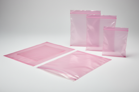Antistatische rosa Druckverschlussbeutel aus ESD-Folie in verschiedenen Größen, mit deutlich sichtbarem Zip-Lock-Verschluss, für die sichere Verpackung empfindlicher Elektronikkomponenten.