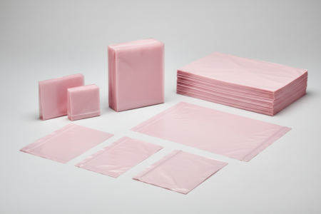 Antistatische rosa Seitenfaltenbeutel in verschiedenen Größen, flach liegend und gestapelt, mit eingelegter Seitenfalte und Bodennaht