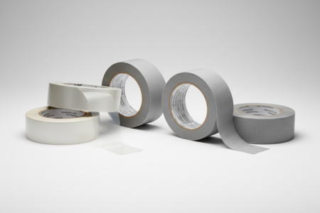 Doppelseitiges Klebeband und Verlegeband auf Folien- und Gewebeträger, mehrere Rollen in verschiedenen Ausführungen auf hellem Hintergrund