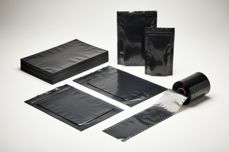 Schwarze elektrisch leitfähige ESD-Beutel in verschiedenen Ausführungen, Flachbeutel, Bodennahtbeutel und Beutel auf Rolle auf hellem Hintergrund