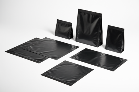 Schwarze elektrisch leitfähige Seitennahtbeutel in verschiedenen Größen, flach liegend und stehend, auf hellem Hintergrund