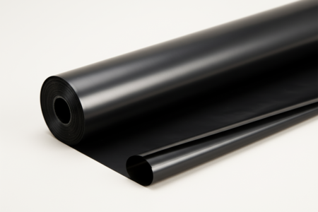 Elektrisch leitfähiger schwarzer Folienschlauch auf Rolle, teilweise abgerollt, antistatische Schlauchfolie für ESD-Schutz