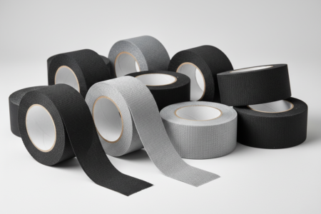Mehrere Rollen Gewebeband in Schwarz und Grau, teilweise abgerollt, auf hellem Hintergrund – industrielle Klebebänder