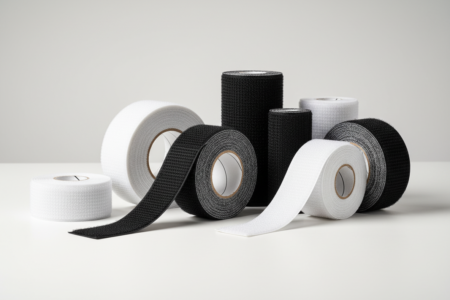 Schwarz-weiße Klettbänder in verschiedenen Breiten, aufgerollt und teilweise abgerollt, Haken- und Flauschband für vielseitige Anwendungen