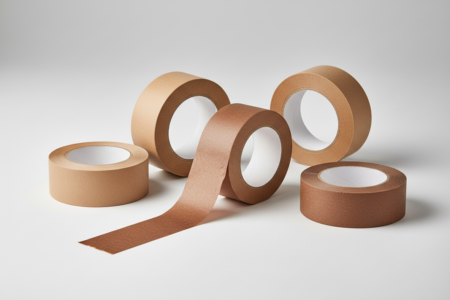 Braune Kreppbänder aus Papier in verschiedenen Breiten, Malerkreppband und dehnbares Papierkreppband, mehrere Rollen mit abgerolltem Band auf hellem Hintergrund