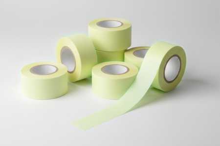 Phosphoreszierendes Leuchtband als selbstklebende Rolle, mehrere Rollen in verschiedenen Breiten auf hellem Hintergrund