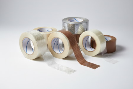 Verschiedene Packbänder auf hellem Hintergrund, Filamentband mit Glasfaserverstärkung, Strappingband und transparentes sowie braunes Kartonklebeband, Produktdarstellung