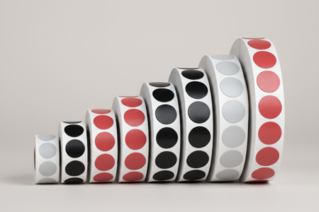 Rollen mit gestanzten selbstklebenden Klebepunkten in Rot, Schwarz und Grau in verschiedenen Größen