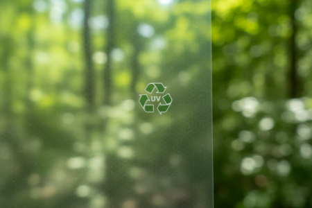 Transparente Folie mit UV-Recyclingsymbol vor grünem, unscharfem Waldhintergrund