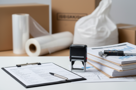 Klemmbrett mit Checkliste, Stempel „Approved/Geprüft“, Messschieber und Qualitätsdokumente vor Verpackungsprodukten