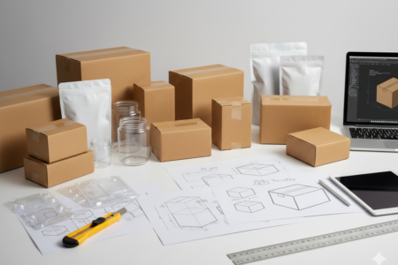 Arbeitstisch mit Kartonverpackungen, Beuteln, PET-Dosen sowie technischen Zeichnungen und CAD-Ansicht zur Verpackungsentwicklung