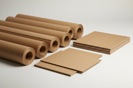 Mehrere Wellpapprollen in verschiedenen Breiten sowie flache Wellpapp-Zwischenlagen und Zuschnitte