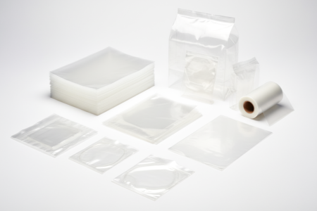 Halbtransparente, milchige Polybutadienbeutel und BUSOFAN-Folie in verschiedenen Ausführungen, flache Beutel und Beutel auf Rolle auf hellem Hintergrund