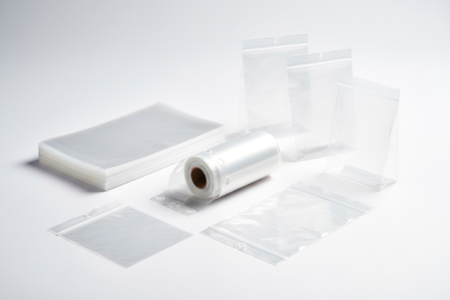 Transparente Polyethylenbeutel in verschiedenen Ausführungen, flache Beutel, Beutel mit Zipperverschluss und Beutel auf Rolle auf hellem Hintergrund