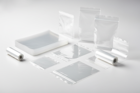 Transparente Polypropylenbeutel in verschiedenen Ausführungen, flache Beutel, Zipperbeutel und Beutel auf Rolle auf hellem Hintergrund